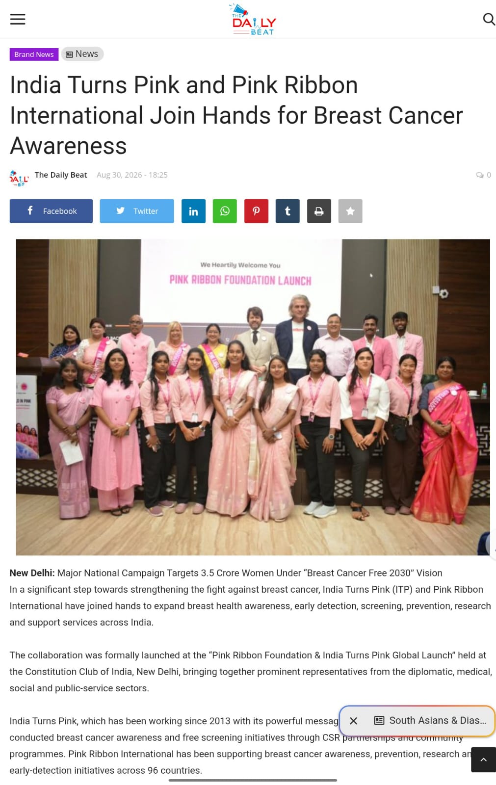 The Daily Beat — India Turns Pink and Pink Ribbon International Join Hands for Breast Cancer Awareness