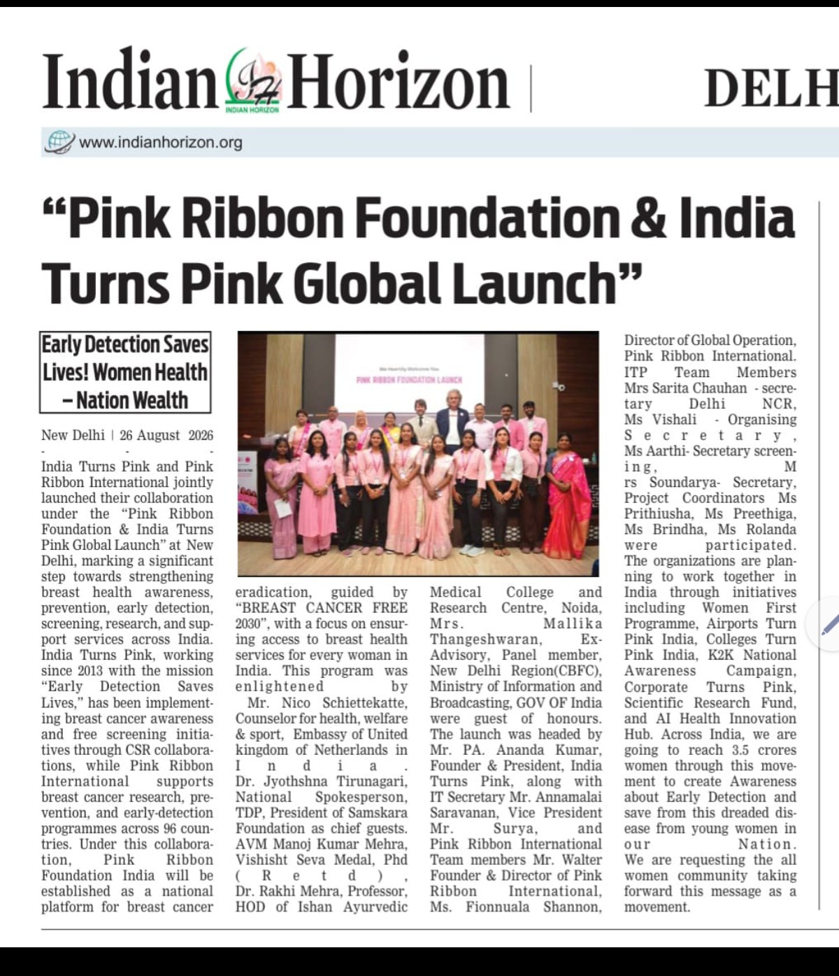 Indian Horizon (Delhi) — “Pink Ribbon Foundation & India Turns Pink Global Launch”
