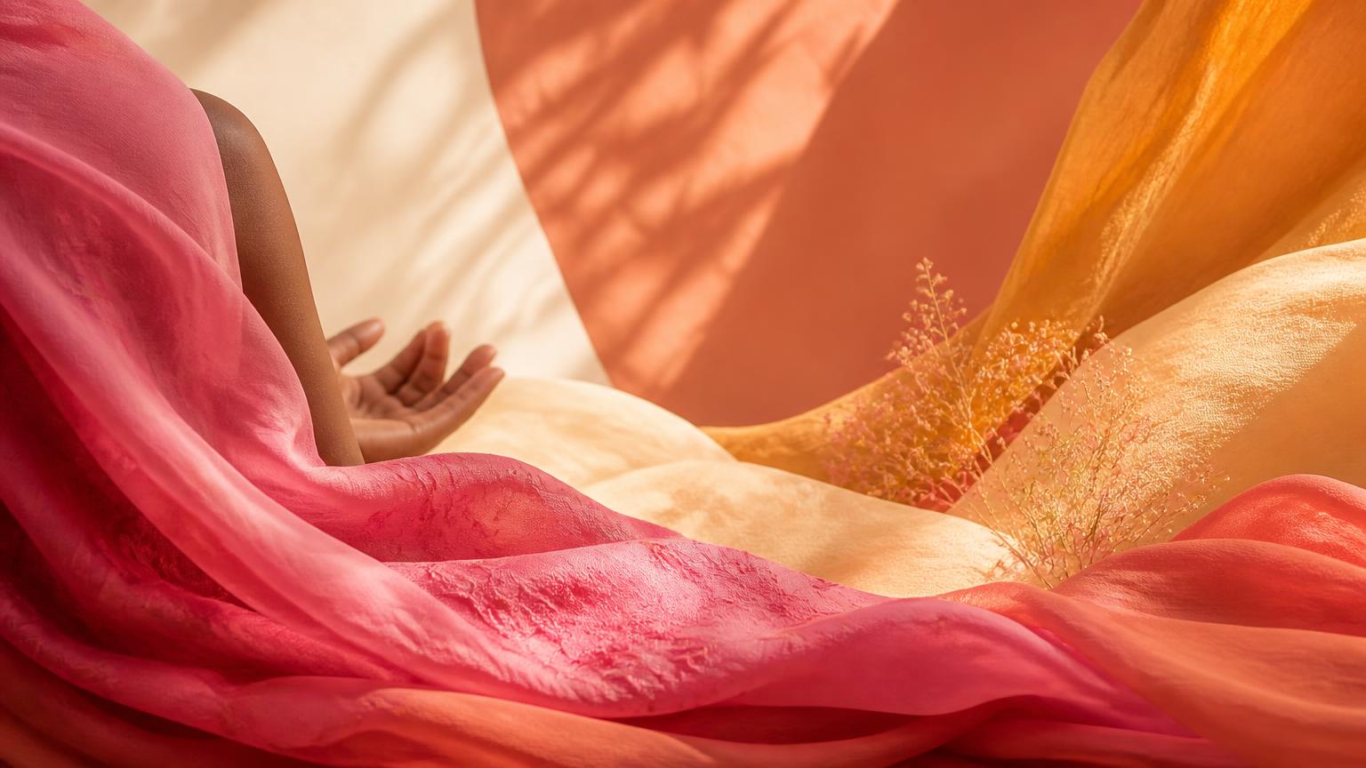 Flowing pink and warm earth-toned textiles symbolising hope and solidarity in Nigeria