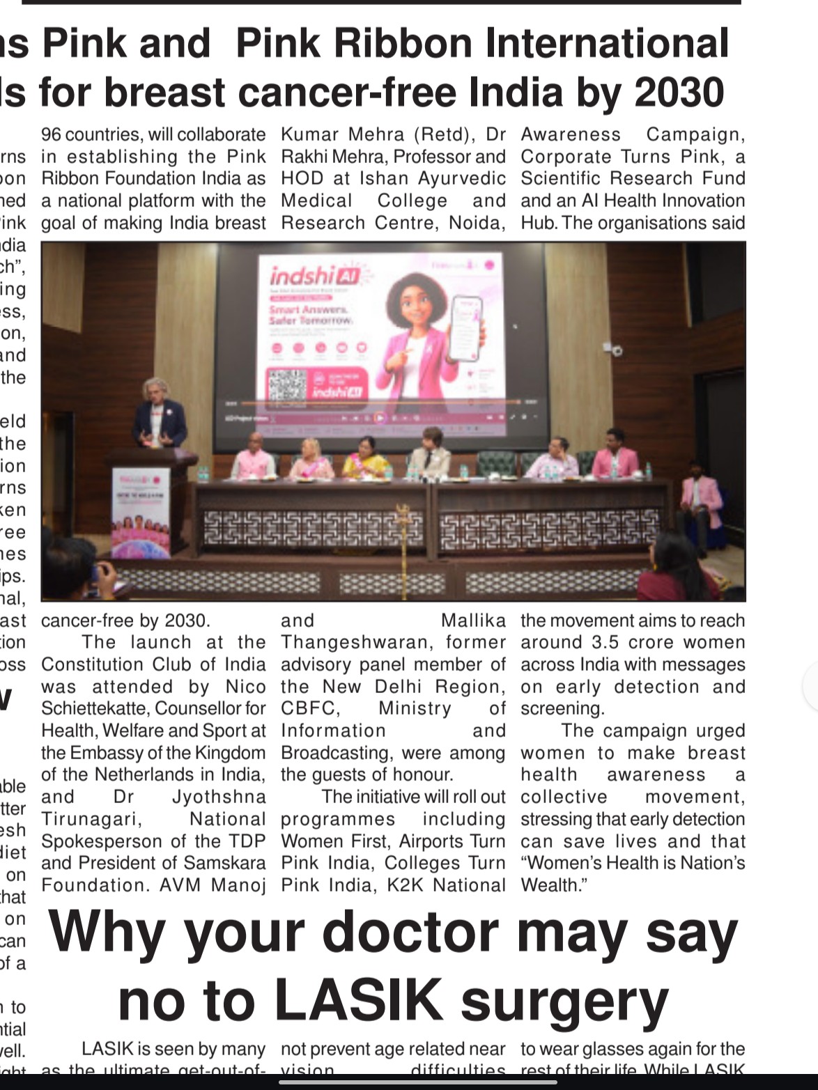 English national daily — India Turns Pink and Pink Ribbon International join hands for breast cancer-free India by 2030