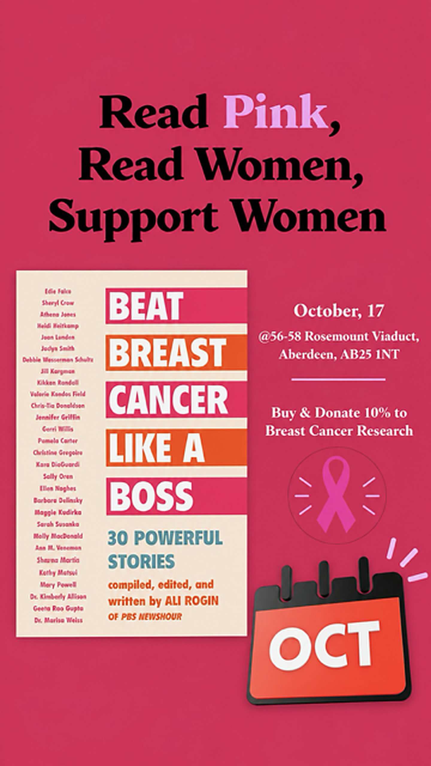Read Pink, Read Women, Support Women. Beat Breast Cancer Like a Boss book event, 17 October at 56–58 Rosemount Viaduct, Aberdeen, AB25 1NT. Buy and donate 10% to breast cancer research.
