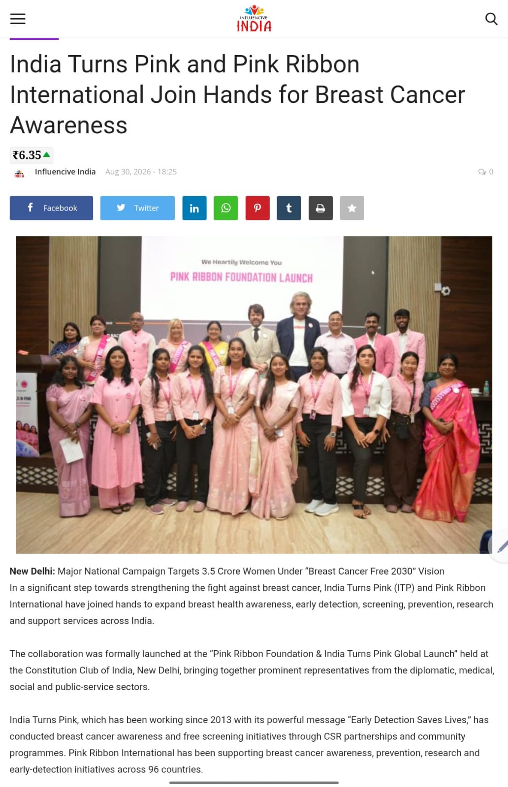 Influencive India — India Turns Pink and Pink Ribbon International Join Hands for Breast Cancer Awareness