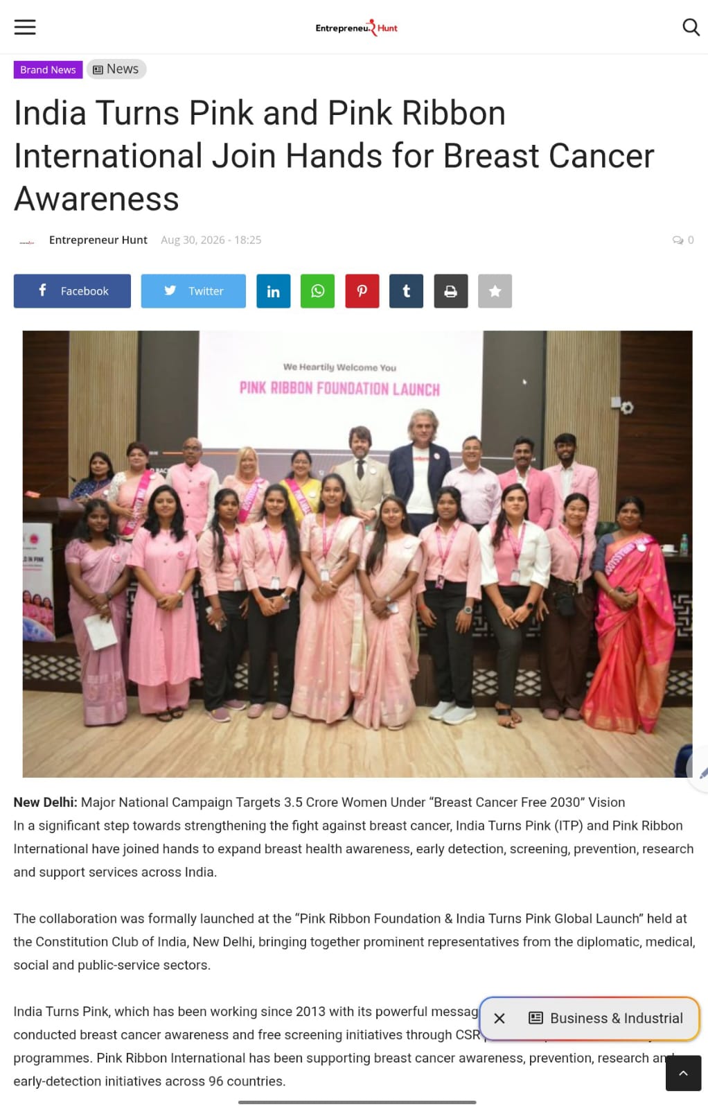 Entrepreneur Hunt — India Turns Pink and Pink Ribbon International Join Hands for Breast Cancer Awareness
