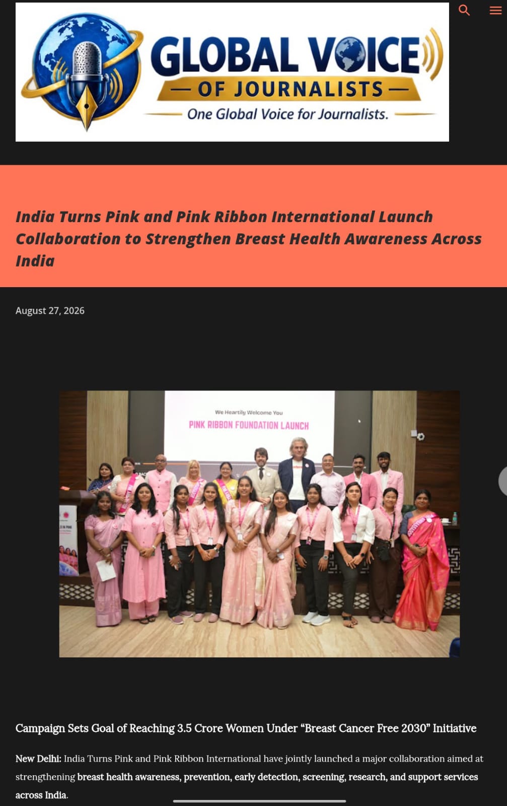 Global Voice of Journalists — India Turns Pink and Pink Ribbon International Launch Collaboration to Strengthen Breast Health Awareness Across India