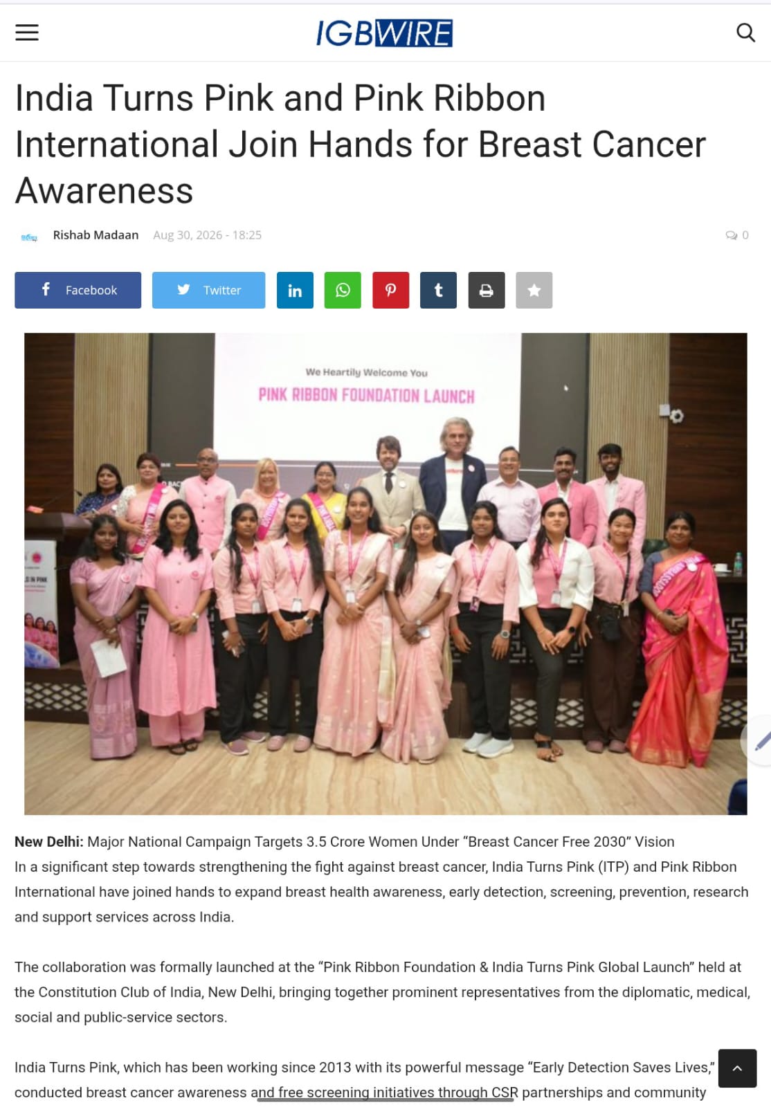 IGBWire — India Turns Pink and Pink Ribbon International Join Hands for Breast Cancer Awareness