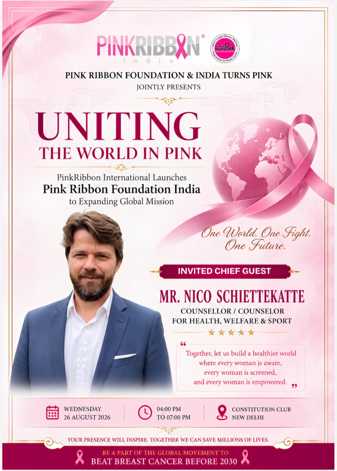 Launch poster for Mr Nico Schiettekatte, Invited Chief Guest — Counsellor for Health, Welfare and Sport